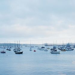 Boats moored at harbor against sky