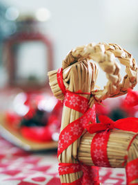 Close-up of christmas decorations on table