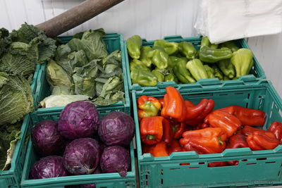 High angle view of vegetables for sale at market stall