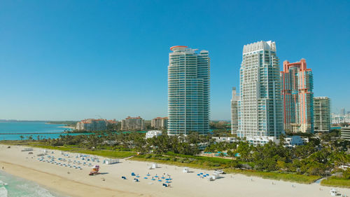 Miami beach on a bright sunny day, aerial view. drone flying forward near miami beach, south beach