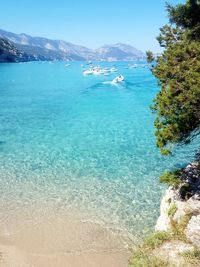 Scenic view of sea against clear blue sky