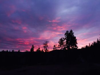 Silhouette trees against dramatic sky at sunset