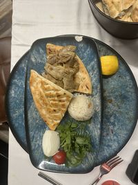 High angle view of food in plate on table