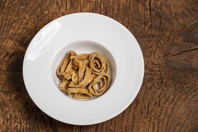 High angle view of food in plate on table