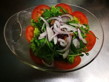 High angle view of salad in bowl on table