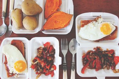 High angle view of breakfast served on table