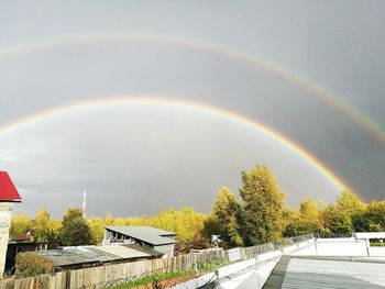 Rainbow over building against sky