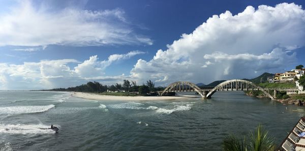 Panoramic shot of bridge over sea against sky