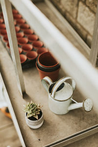 High angle view of objects on table