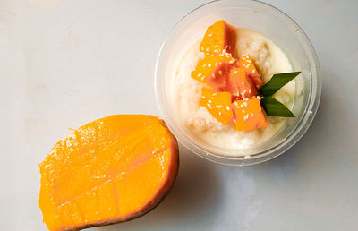 High angle view of breakfast served on table