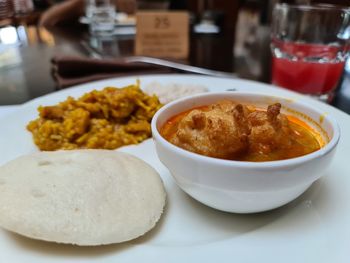 Close-up of food served on table