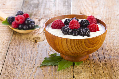 Close-up of strawberries in bowl on table