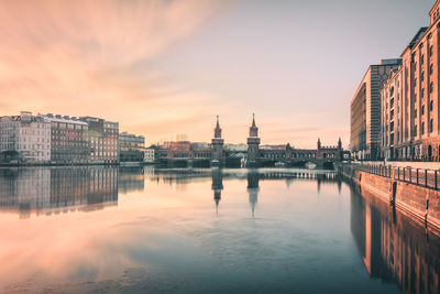 View of city at waterfront during sunset