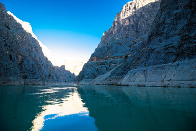 Scenic view of sea and mountains against blue sky