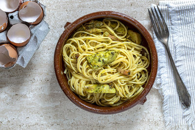 High angle view of noodles in bowl on table