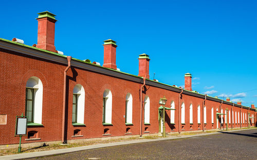 Low angle view of building against clear blue sky