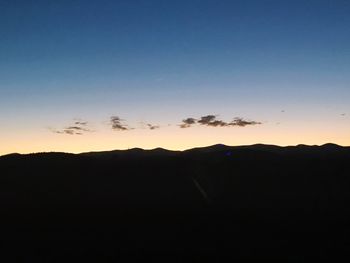 Scenic view of silhouette mountains against clear sky at sunset