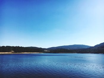 Scenic view of lake against clear blue sky