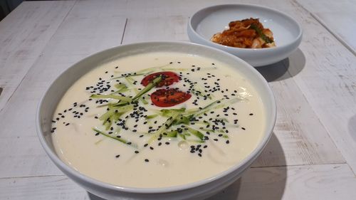 High angle view of salad in bowl on table