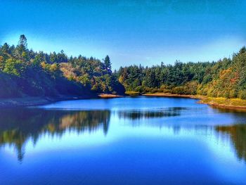 Scenic view of lake by trees against clear blue sky