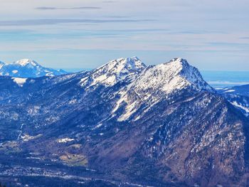 Scenic view of snowcapped mountains and sea against sky