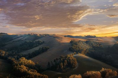 High angle view of landscape against sky during sunset