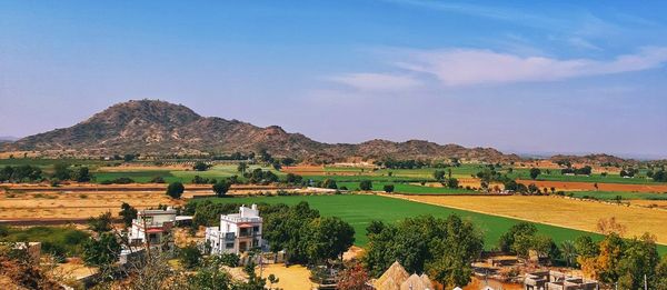 Scenic view of field and buildings against sky