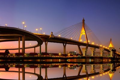 View of bridge over river at night