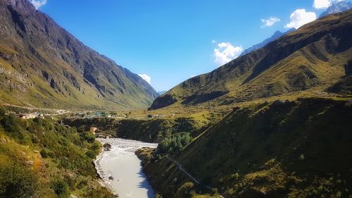 Scenic view of river amidst mountains against sky
