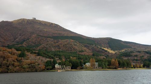 Scenic view of river and mountains against sky