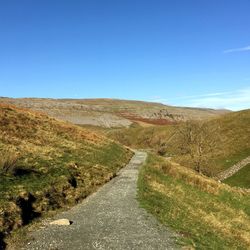 Road amidst landscape against clear blue sky