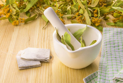 High angle view of salad in bowl on table