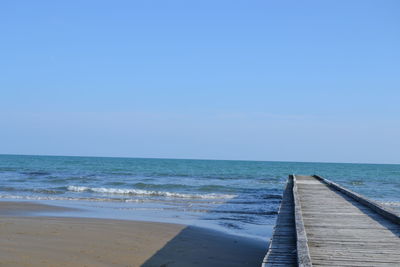 Scenic view of sea against clear blue sky