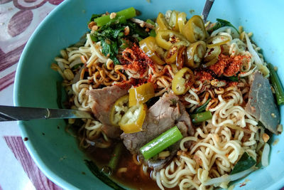 High angle view of noodles in bowl