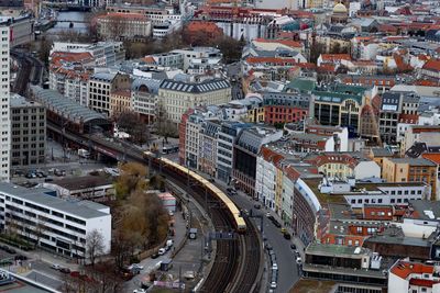 High angle view of street amidst buildings in city