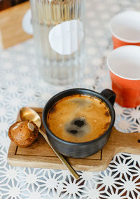 High angle view of coffee on table