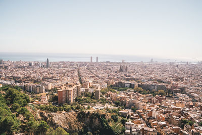 High angle view of buildings against clear sky