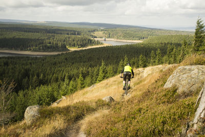 Rear view of man riding motorcycle on landscape against sky