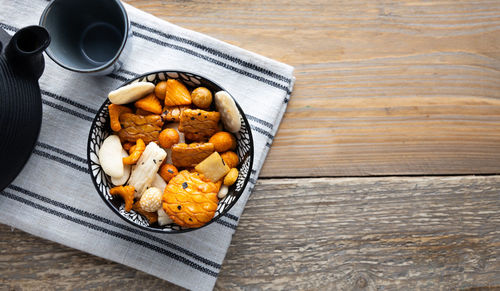 High angle view of breakfast on table