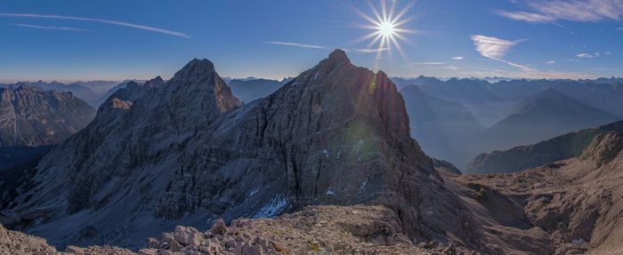 Panoramic view of snowcapped mountains against sky