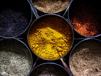 High angle view of spices in container