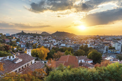 High angle view of townscape against sky during sunset