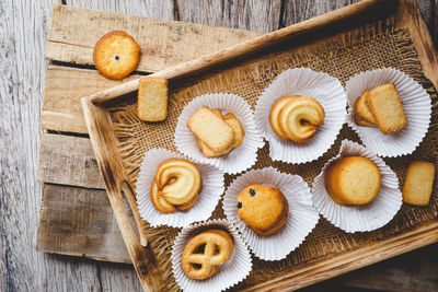 High angle view of cookies on table