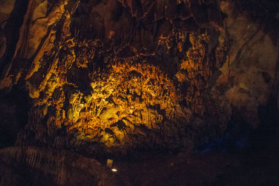 Close-up of illuminated rock formation at night