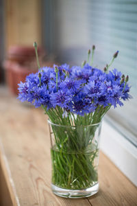 Close-up of purple flowers on table