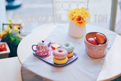 Close-up of dessert served on table