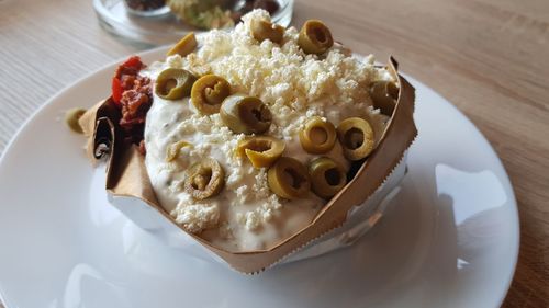 High angle view of dessert in plate on table