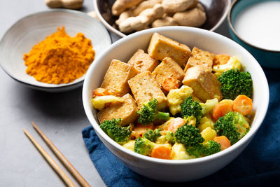 High angle view of food in bowl on table