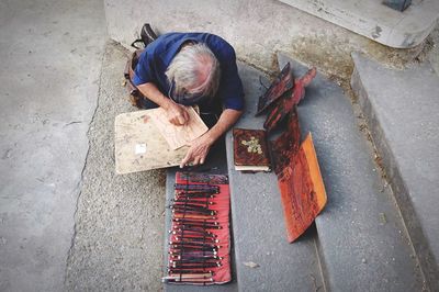 High angle view of man working