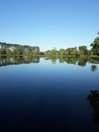 Scenic view of lake against clear blue sky